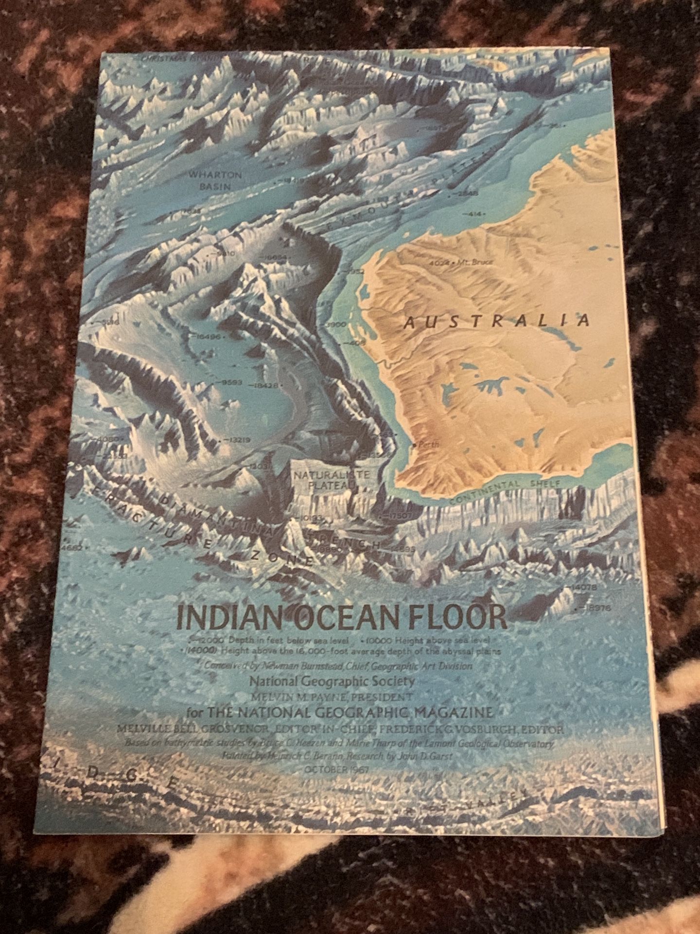 Vintage 1967 National Geographic Magazine Map Indian Ocean Floor - Historic Wall Map Series