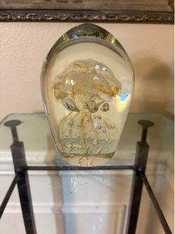 Yellow amber jellyfish bulbous paperweight vintage art glass 6”