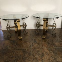 Pair Of End Tables Glass & Metal Vintage