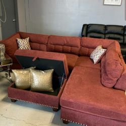 Brand New Red Velvet Like Sectional Sofa Couch +Storage Ottoman (New In Box} 