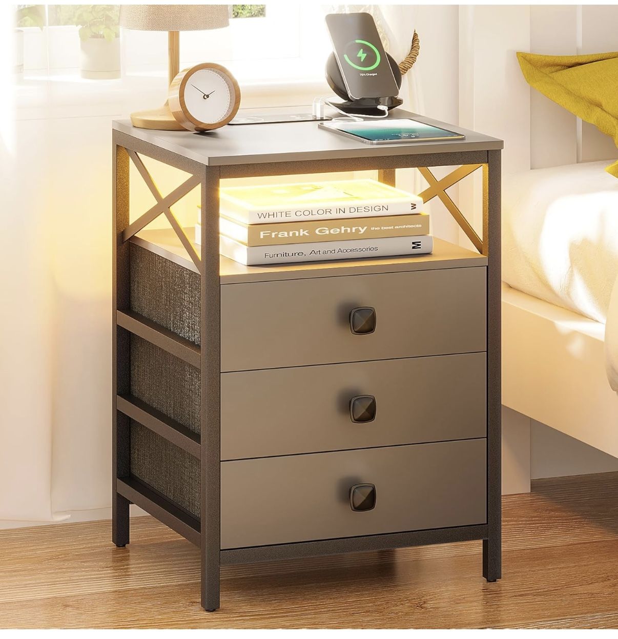 Lvifur LED Nightstand with Wireless Charging Station, Auto Sensor 3 Color Dimmable End Table, Side Table with 3 Drawers for Bedroom, Living Room, Sofa