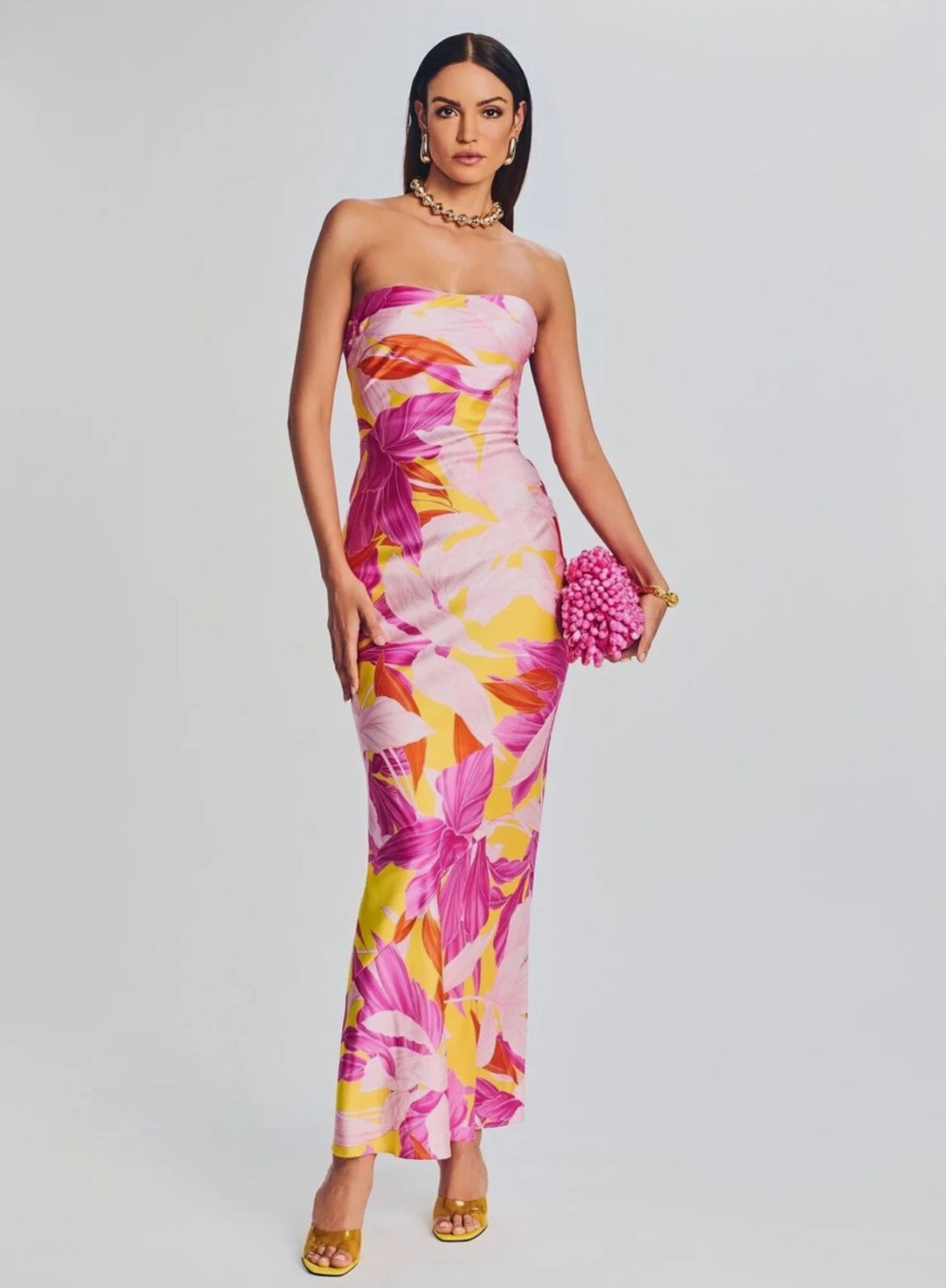 Retrofête Keaton Botanical Floral Silk Strapless Gown Maxi Dress