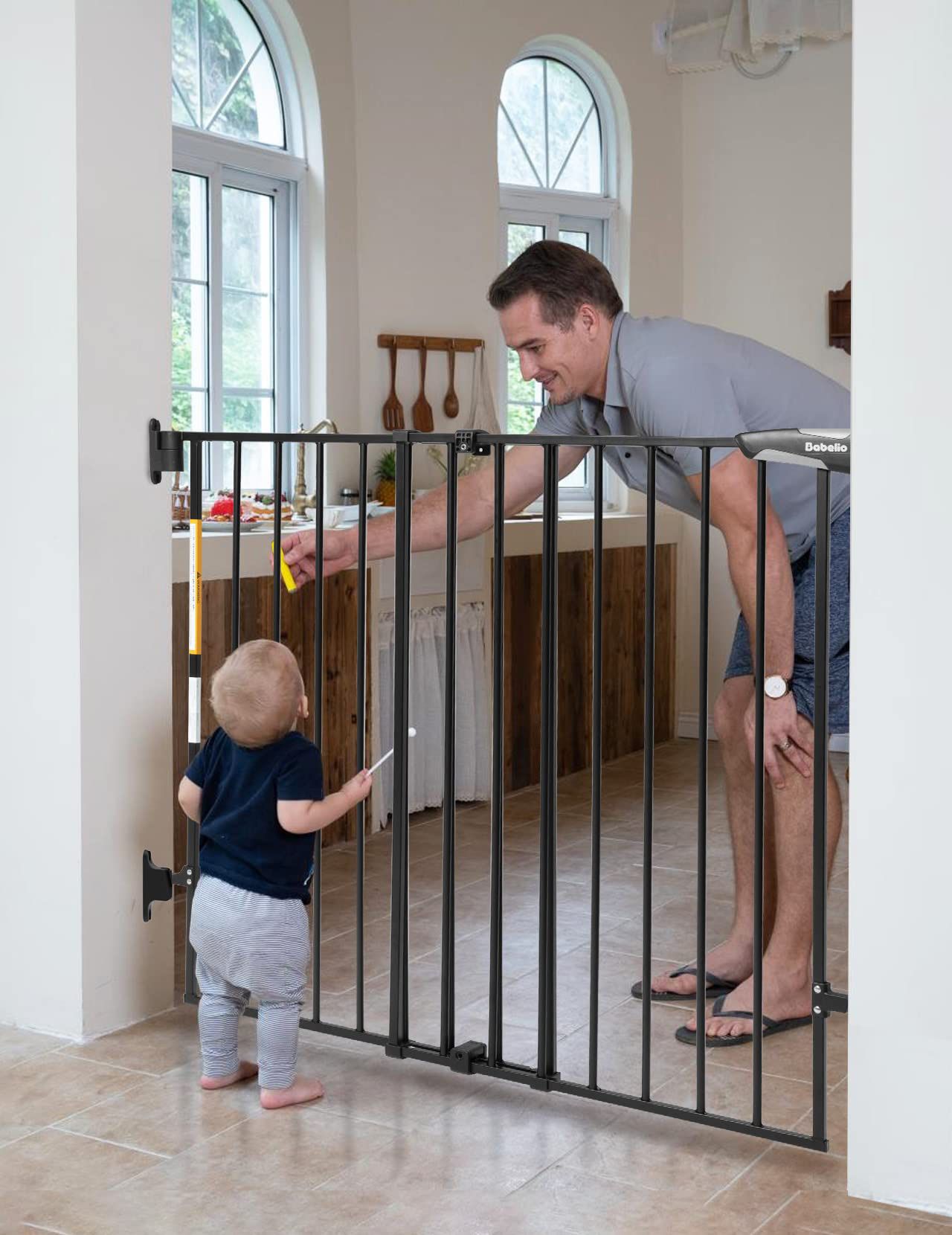  Babelio 34" Extra Tall Baby/Dog Gate With No Threshold Design Walk Thru Door, 26-43" Auto Close Safety Gate For Babies, Elders And Pets, Fits Doorway