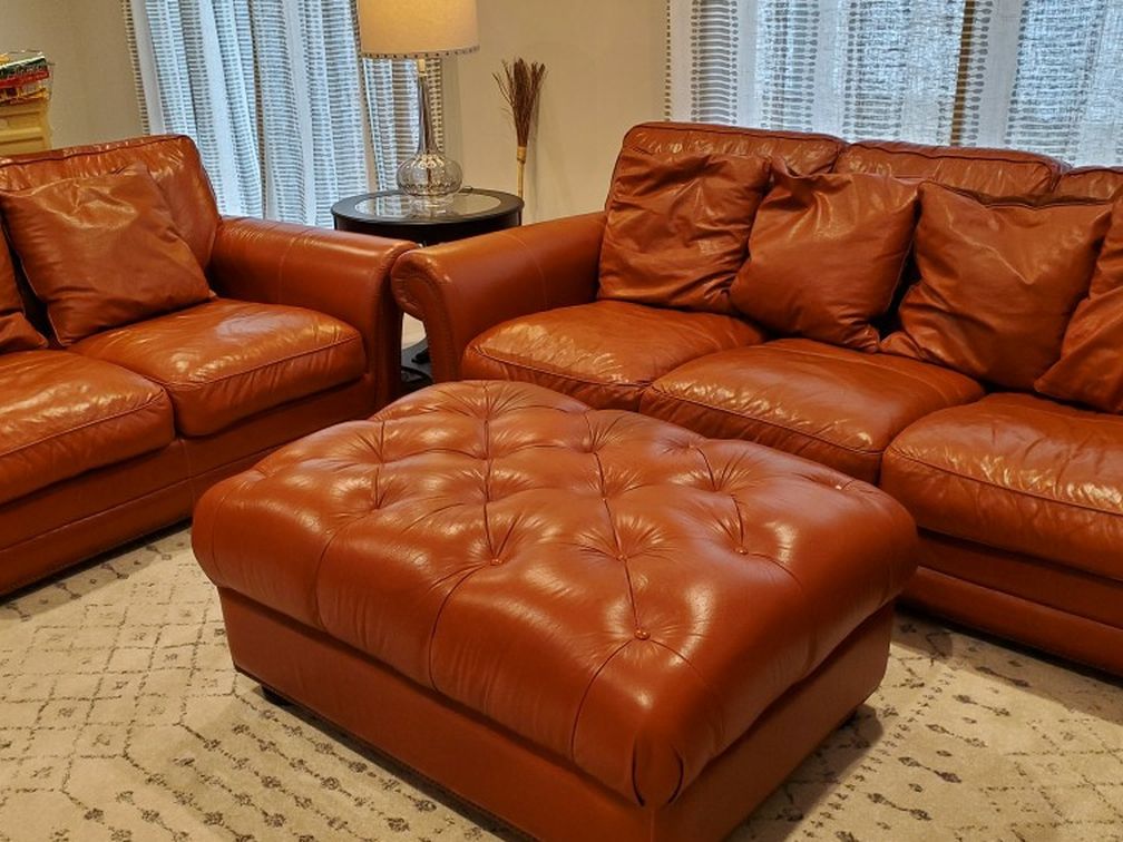 Extra Long/Deep Leather Sofa, Loveseat, And Ottoman