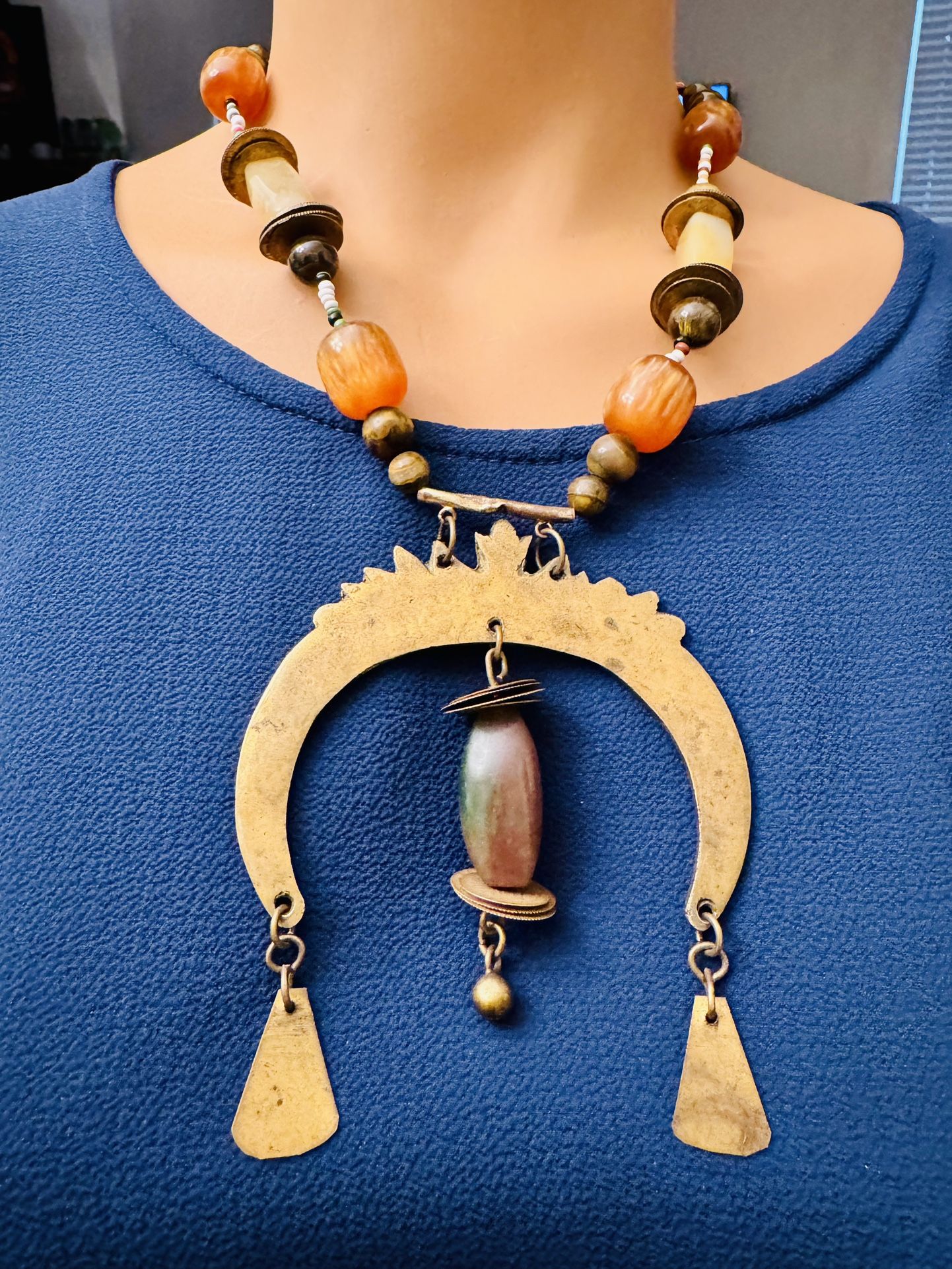 Vintage Handmade African Tribal Ethnic Solid Brass & Stone Beaded Necklace 19” L