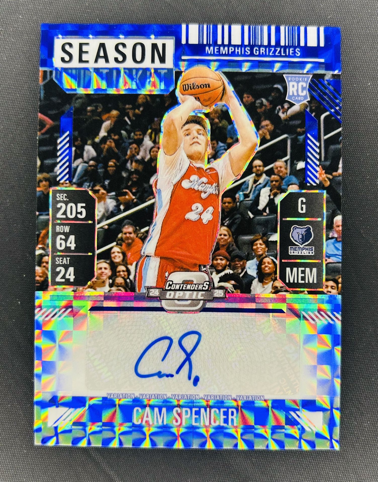 2024-25 Panini Mosaic Cam Spencer RC Rookie Season Ticket Blue Auto /49 Memphis