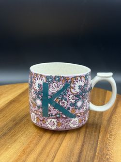 Anthropologie BLOCK PRINT Monogram Mug Letter "K" Floral Paisley THUMB REST Tea