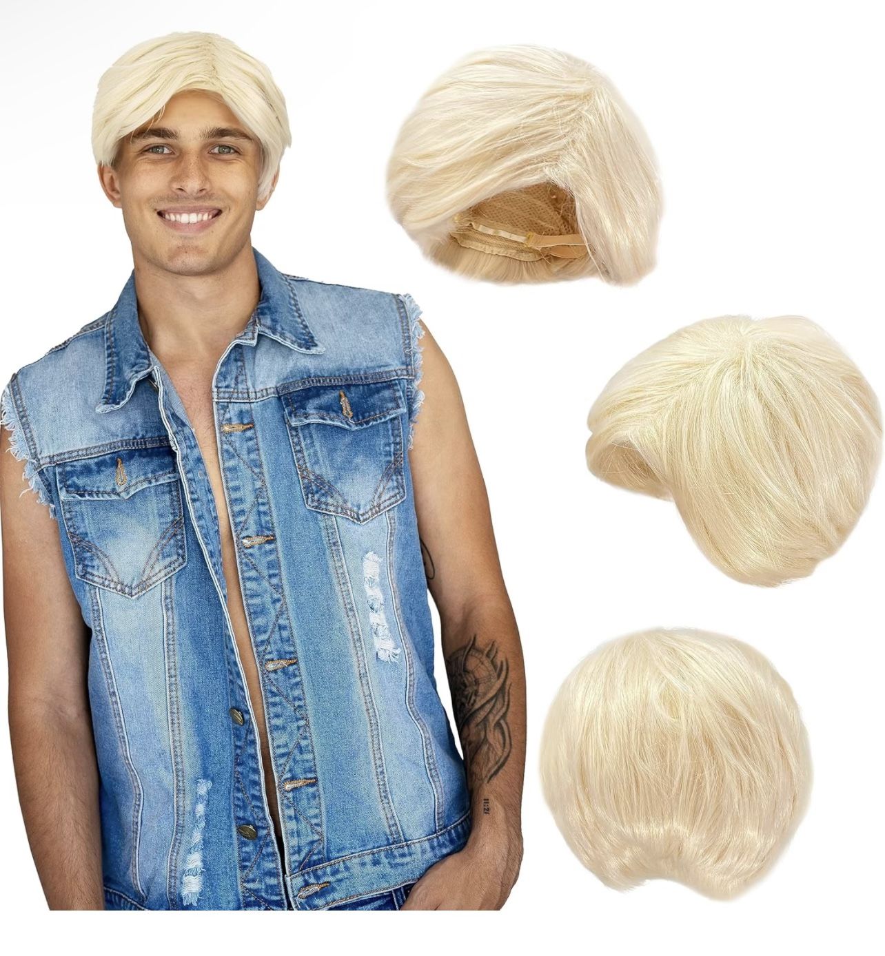 BRAND NEW IN BAG  Blonde Beach Dude Wig - Short Synthetic Layered Bleach Blond Doll Costume Hair for Men with Adjustable Wig Cap 