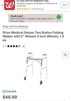 Drive Medical Deluxe Two Button Folding Walker with 5" Wheels 5 Inch Wheels, 1.0 ea