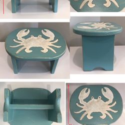 Hand Carved & Painted Small Wooden Plant Stand or Step Stool with Crab Design