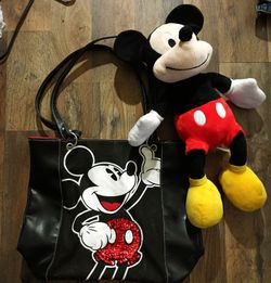new Mickey Mouse tote bag with a large Mickey Mouse plush in perfect condition