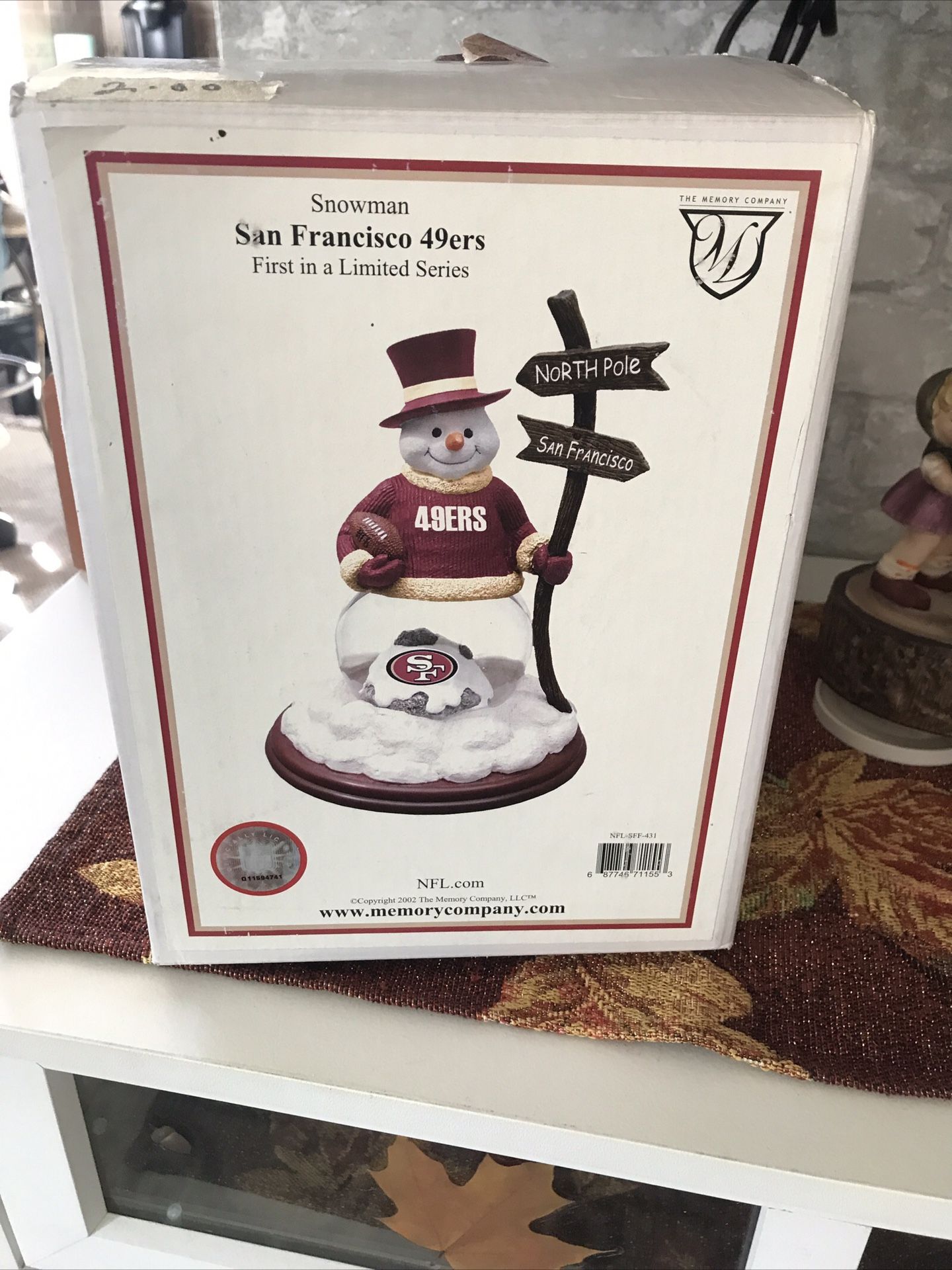 Memory Company Snowman San Francisco 49ers Holiday Christmas Figurine 2002 New with plastic Original box Great condition Some worn to box due to t