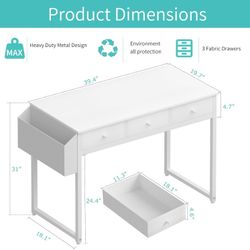 Lufeiya Pequeño escritorio blanco para computadora con cajones de tela para oficina en casa, dormitorio, escritorio  de 40 pulgadas con 3 cajónes