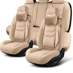 Beige Car Seat Covers Full Set, Breathable Leather Automotive Front and Rear Seat Covers & Headrest, Automotive Seat Cover.