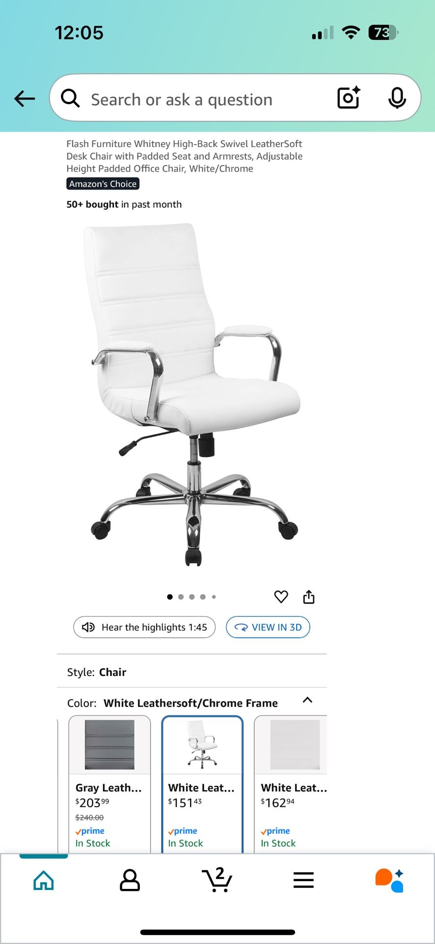 Flash Furniture Whitney High-Back Swivel LeatherSoft Desk Chair with Padded Seat and Armrests, Adjustable Height Padded Office Chair, White/Chrome