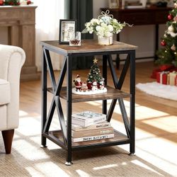 Square End Table with Storage Shelf, 16" D X 16" W X 24" H, 3-Tier End Table Living Room, Rustic Brown End Tables, X-Shaped Night Stand for Bedroom, F