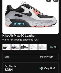 Nike Air Max 90 Leather
White Turf Orange Speckled (GS)
Used 
Kids Size 5y
Women's Size 6.5