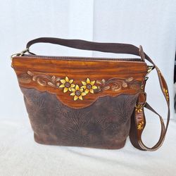 Handcrafted Tooled Leather Sunflower Crossbody Bag - Western Boho Style