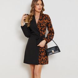 Leopard Color Block Belted Shawl Collar Dress