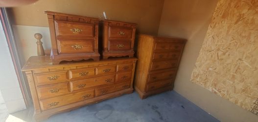 King size bedroom set with dresser and chess and two end tables headboards and frame