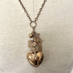 Gold Tone Long Heart Charm Necklace 