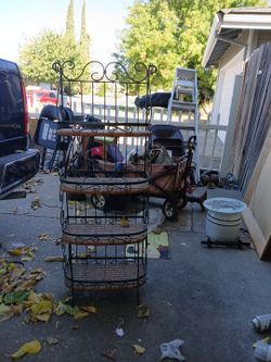 Vintage Wrought Iron and Rattan Bakers Rack