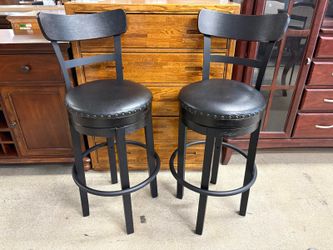 SHLEY Valeback Black Upholstered Swivel Bar Stools w/ Nailhead Trim (Set of 2)
