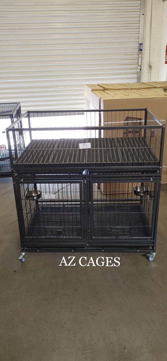 🦮🐕🦺 New Double Tier 42” Dog Kennel w/ Metal Floor, Bowls, Tray & Casters, Slide-In Divider, Whelping box 🐶 please see dimensions in second pictur