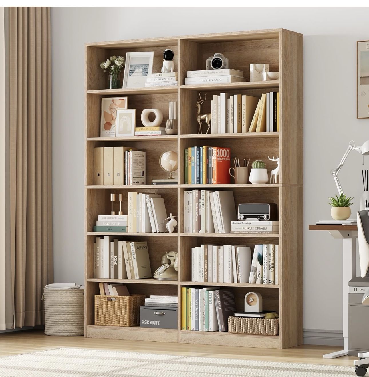 Bookshelf and Bookcase, 6-Tier Double Wide Bookshelves,Freestanding Display Storage Shelves, Tall Bookcases for Home Decor Bedroom, Living Ro