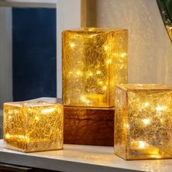 Evergreen Led Glass Cube Towers Gold Crackled Finish