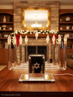 12" Mid-Century Modern electric Hanukkah menorah crafted from lucite (acrylic) and mirrored glass.Commonly dating back to the 1970s.