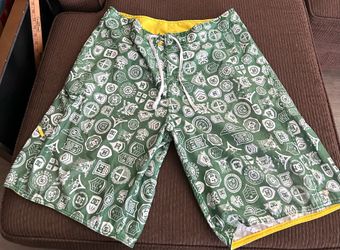 Vintage Y2K DC Shoes Men's Board Shorts Green Logo Print Size 38 W/ Wax Comb