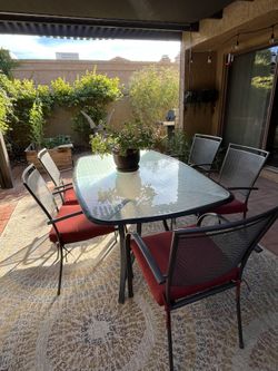 Patio Set | Black Metal & Glass Outdoor Dining Set | 7-Piece Set | Table + 6-Chairs, Modern Design, Includes (5) Red Seat Cushions too! 