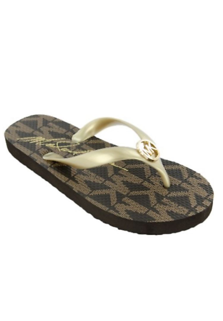 MICHAEL KORS Signature Flip Flops Sandals Brown Gold