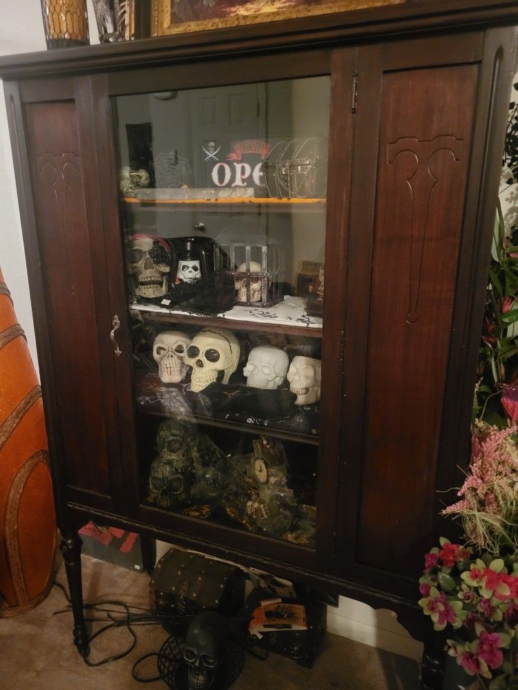 Beautiful Vintage 59.5" Tall Gothic Display Curio Cabinet