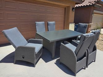 Brand New, Premium Reclining 7-Piece Gray Rattan Outdoor Patio Dining Set