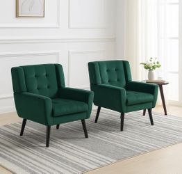 Set Of 2 Green Velvet Square Arm Armchairs / Accent Chairs [NEW] **Retails For $280+