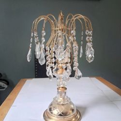 17" Swarovski Style Crystal & Gold Tone Waterfall Table Lamp Vintage Works READ 