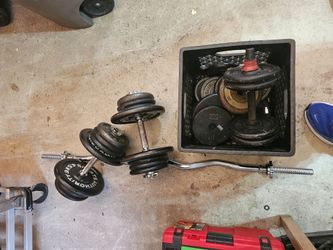 140lbs+ standard 1" weights & curl bar & adjustable dumbbells handles