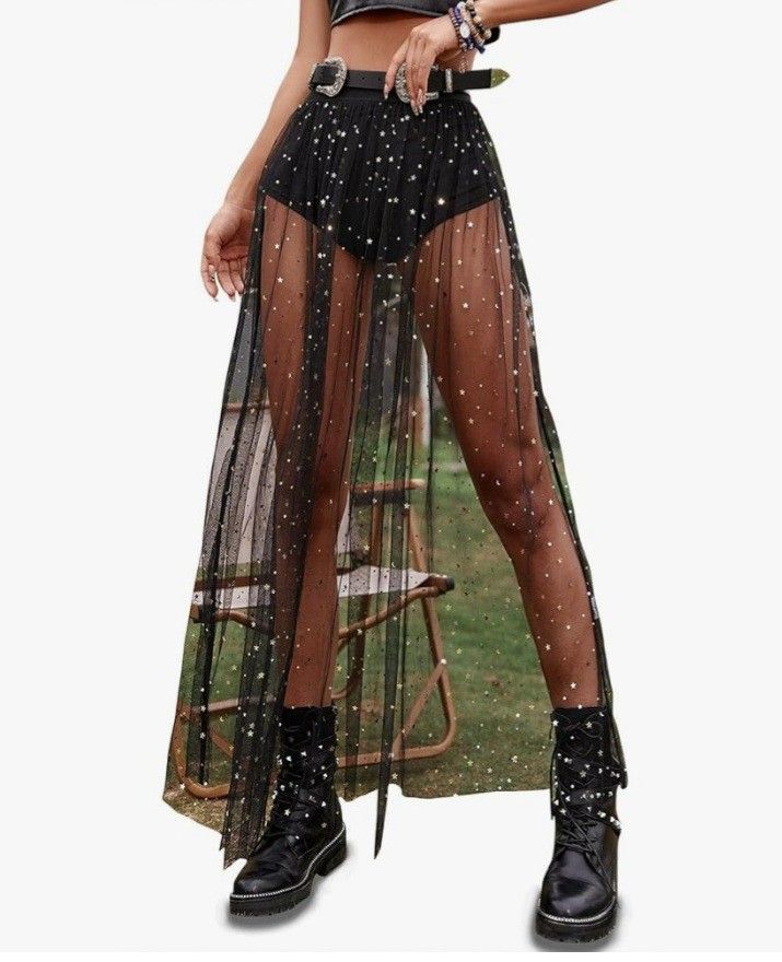 SMALL
Rave Outfits Sheer Skirt Festival Clubwear Mesh High Waist Print A Line Maxi Skirt