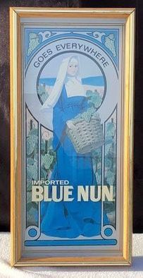 Vintage Imported Blue Nun Glass Mirror Wood Frame German Bar Sign