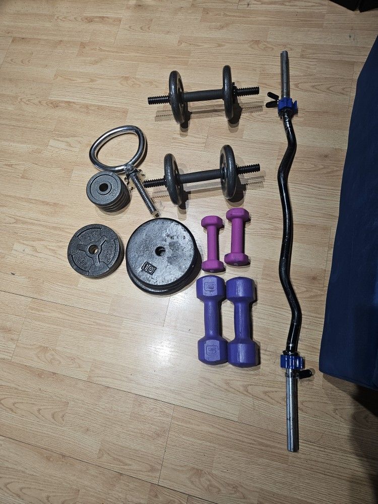 Curved Barbell, Adjustable Dumbell And Kettlebell And Weights