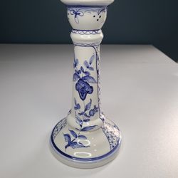 Vintage Portuguese Hand-Painted Ceramic Candlestick – Blue & White Floral
