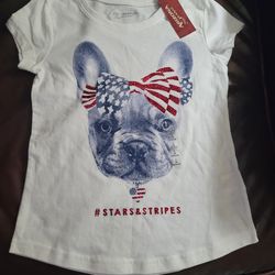 Arizona Jeans Girls French Bulldog Red, White and Blue White T-Shirt Sz 7/8