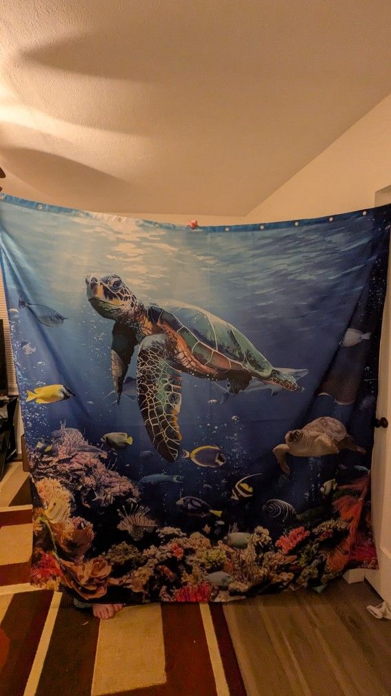 Turtle Sea Themed Shower Curtain And Seashell Hooks