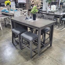 5 Pcs Counter Dining Set, 2 Chairs, 2 Stools, Gray Color, SKU#10F2488
