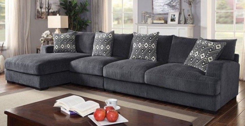 Brand New Grey Super Plush Chenille Sectional Sofa (Pillows Included)