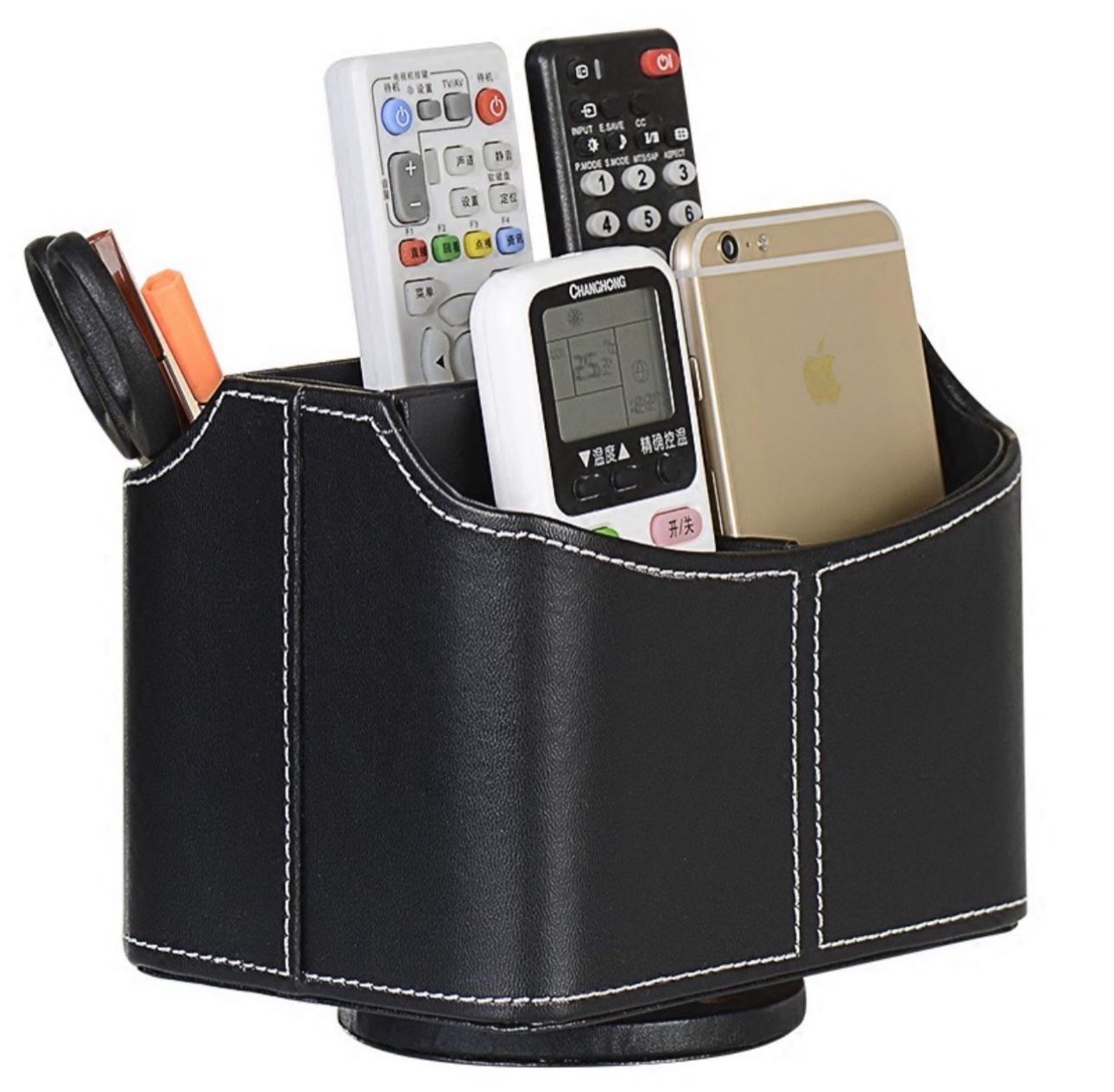 PU Leather Remote Control Holder Rotate 360 ​​degrees Desk Organizer Storage Box for Remote Caddy,TV Guide, Mobile Phone, Pen,Stationery and Media Sto