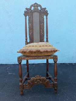 Vintage Carved Wood High Back Throne Chair – Spanish Renaissance Revival – Cane Seat & Back