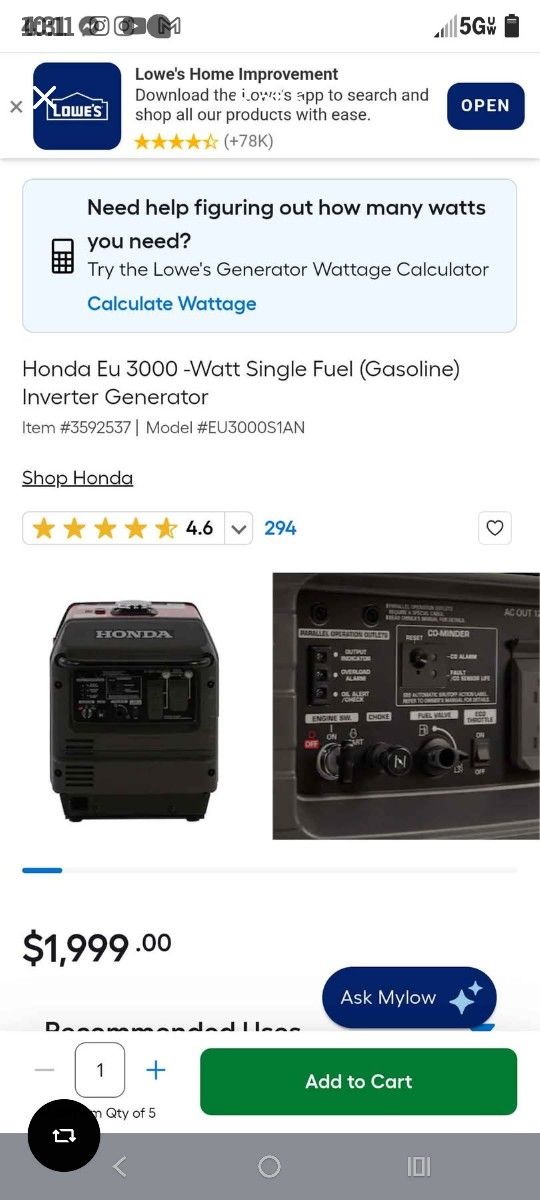 Honda Generator 3000 Electric Or Pull Start 